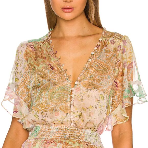 MISA Los Angeles Para Chiffon Button Up Top, S, Printemps Patchwork - Picture 1 of 11